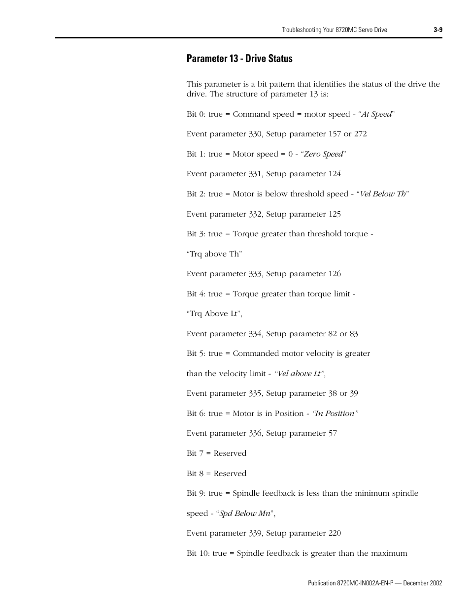 Parameter 13 - drive status, Parameter 13 - drive status -9 | Rockwell Automation 8720MC Drives Integration Manual User Manual | Page 63 / 211