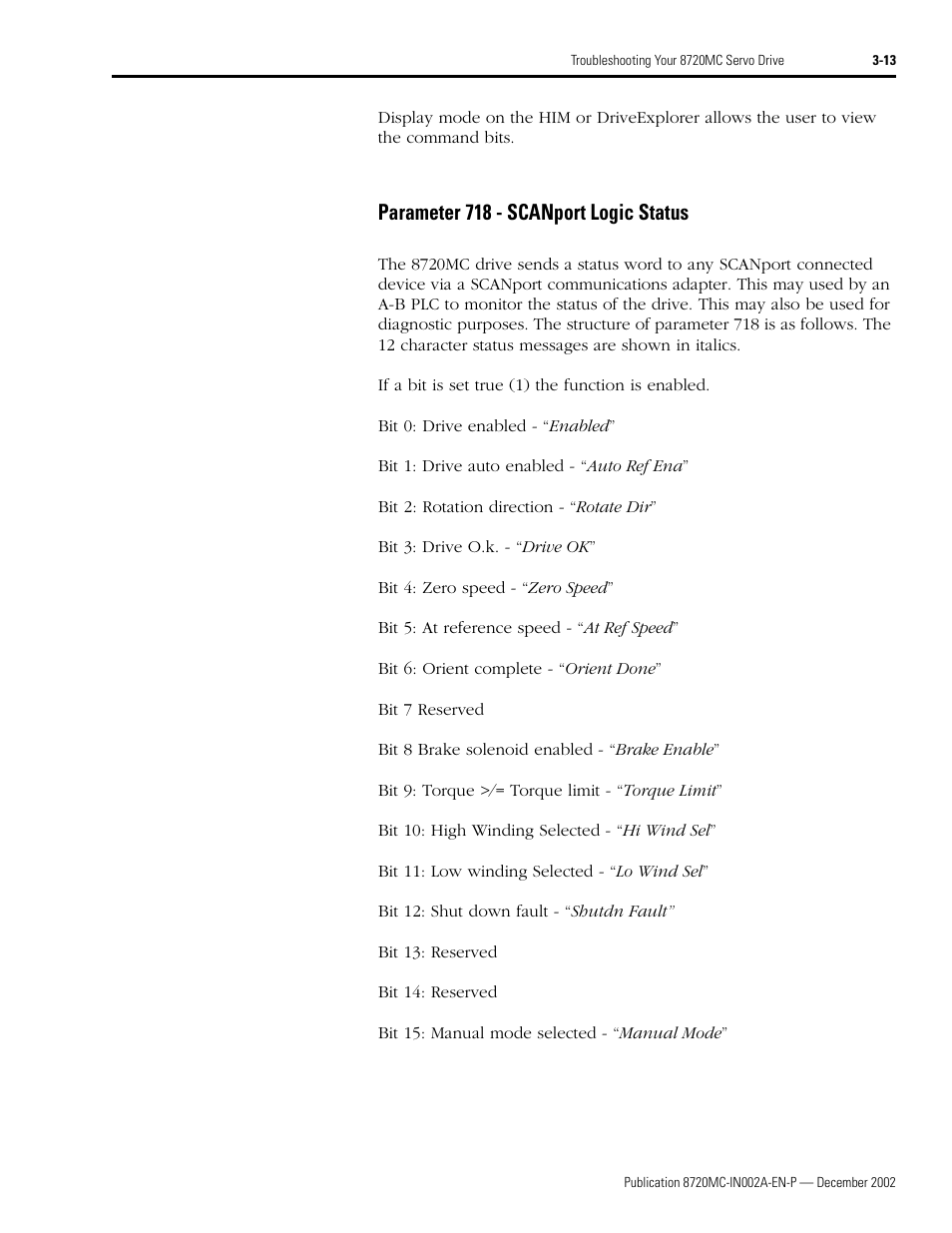 Parameter 718 - scanport logic status, Parameter 718 - scanport logic status -13 | Rockwell Automation 8720MC Drives Integration Manual User Manual | Page 67 / 211