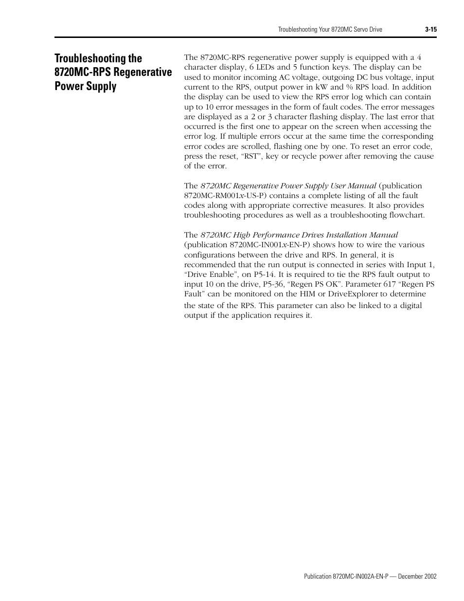 Troubleshooting the 8720mc-rps regenerative, Power supply -15 | Rockwell Automation 8720MC Drives Integration Manual User Manual | Page 69 / 211