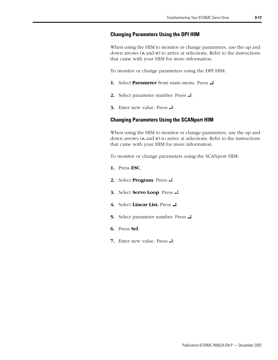 Changing parameters using the dpi him, Changing parameters using the scanport him | Rockwell Automation 8720MC Drives Integration Manual User Manual | Page 71 / 211