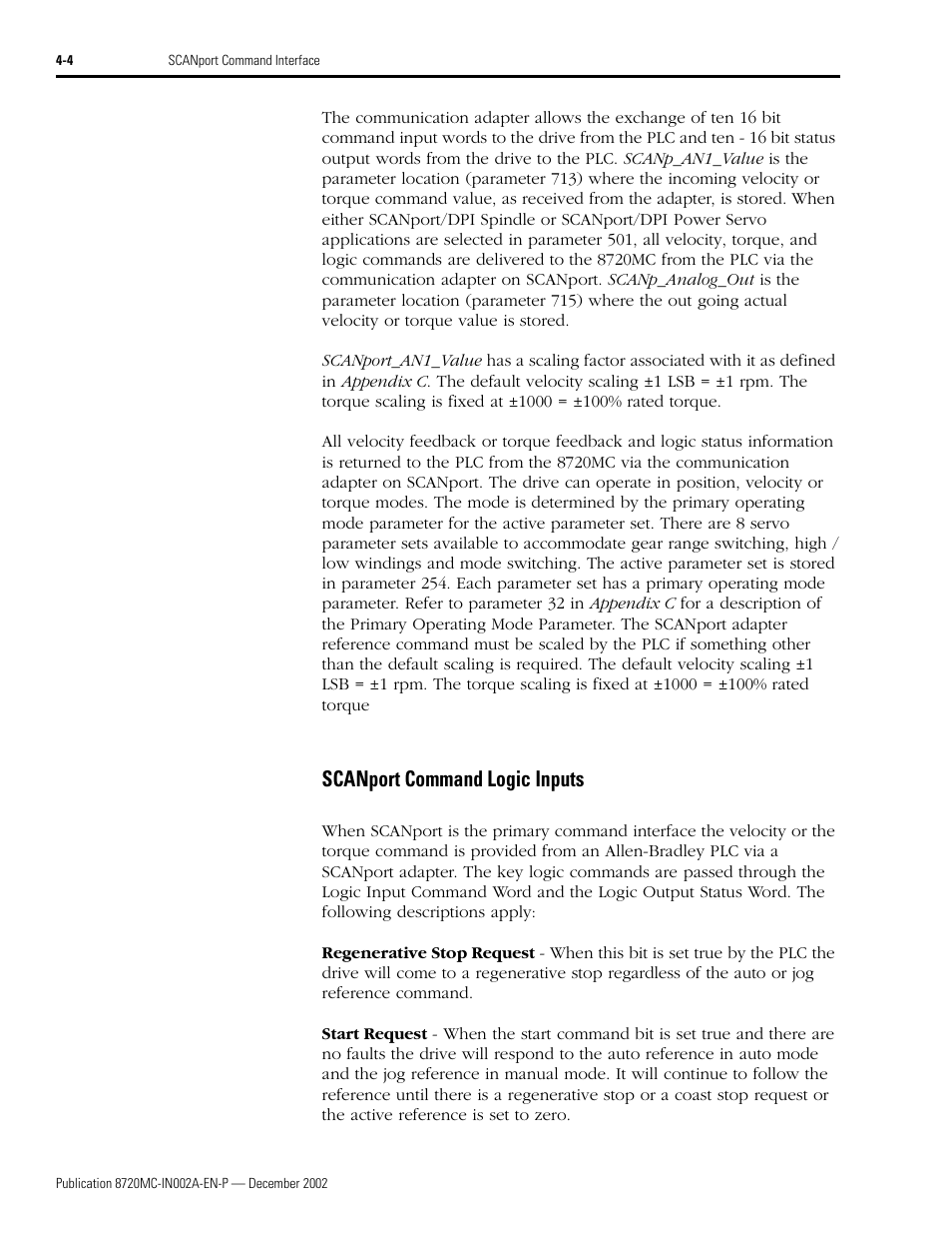 Scanport command logic inputs, Scanport command logic inputs -4 | Rockwell Automation 8720MC Drives Integration Manual User Manual | Page 78 / 211