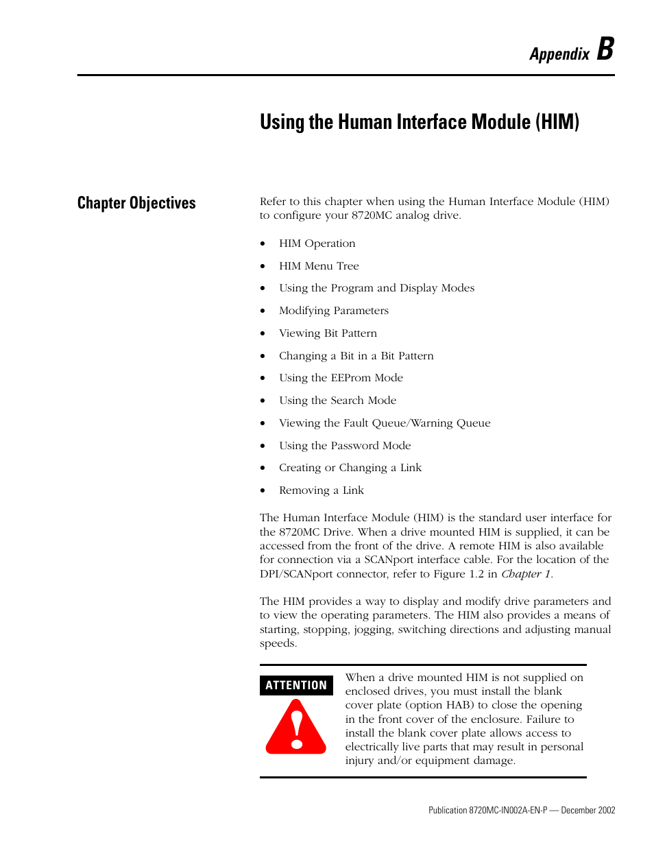 Chapter objectives, Appendix b, Using the human interface module (him) | Rockwell Automation 8720MC Drives Integration Manual User Manual | Page 95 / 211