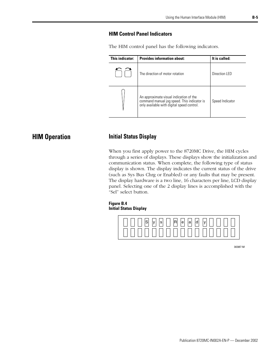 Him control panel indicators, Him operation, Initial status display | Rockwell Automation 8720MC Drives Integration Manual User Manual | Page 99 / 211