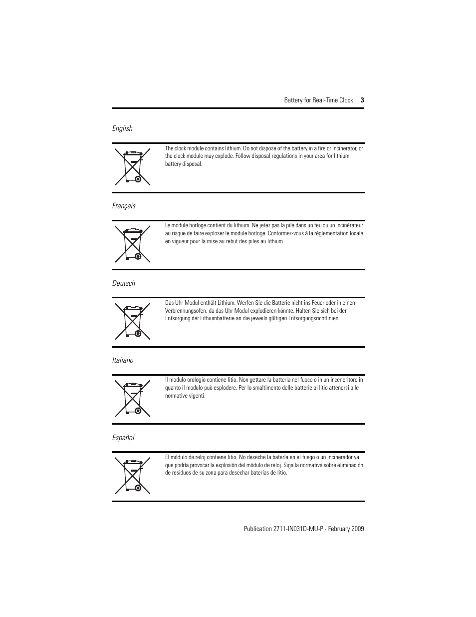 English, Français, Deutsch | Italiano, Español | Rockwell Automation 2711-NB4 Battery for Real-Time Clock User Manual | Page 3 / 12