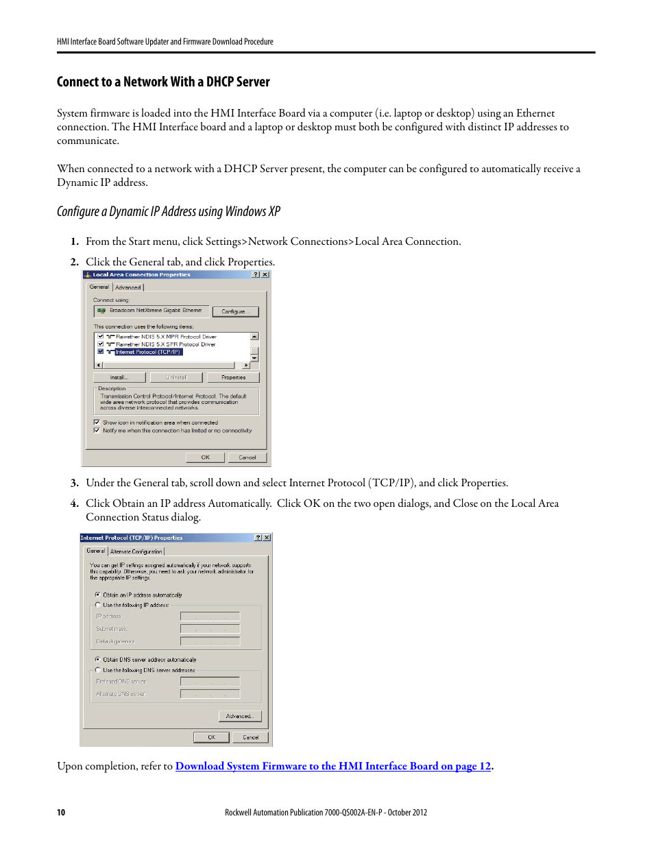 Connect to a network with a dhcp server, Configure a dynamic ip address using windows xp | Rockwell Automation 7000 HMI Interface Board Software Updater and Firmware Download Procedure User Manual | Page 10 / 20