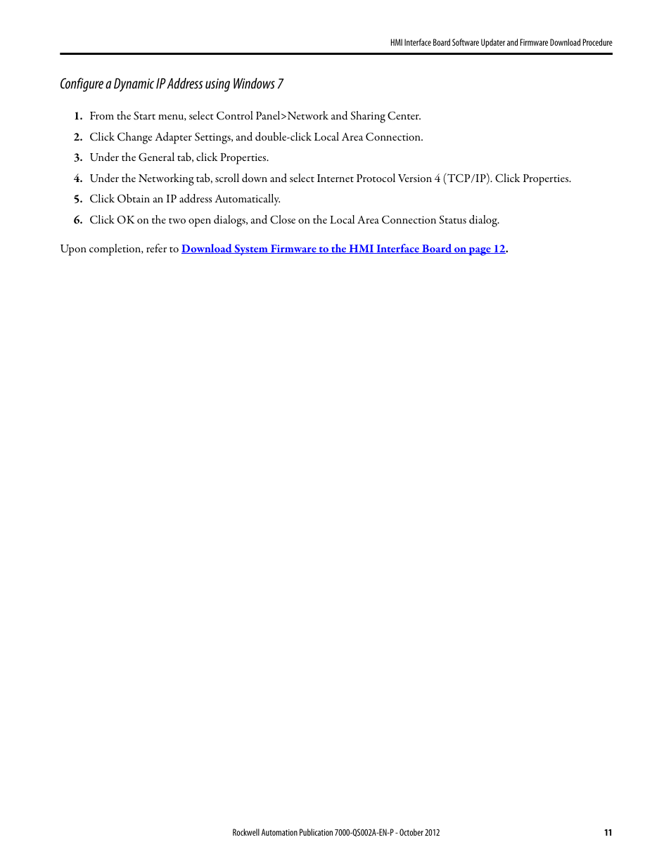 Configure a dynamic ip address using windows 7 | Rockwell Automation 7000 HMI Interface Board Software Updater and Firmware Download Procedure User Manual | Page 11 / 20