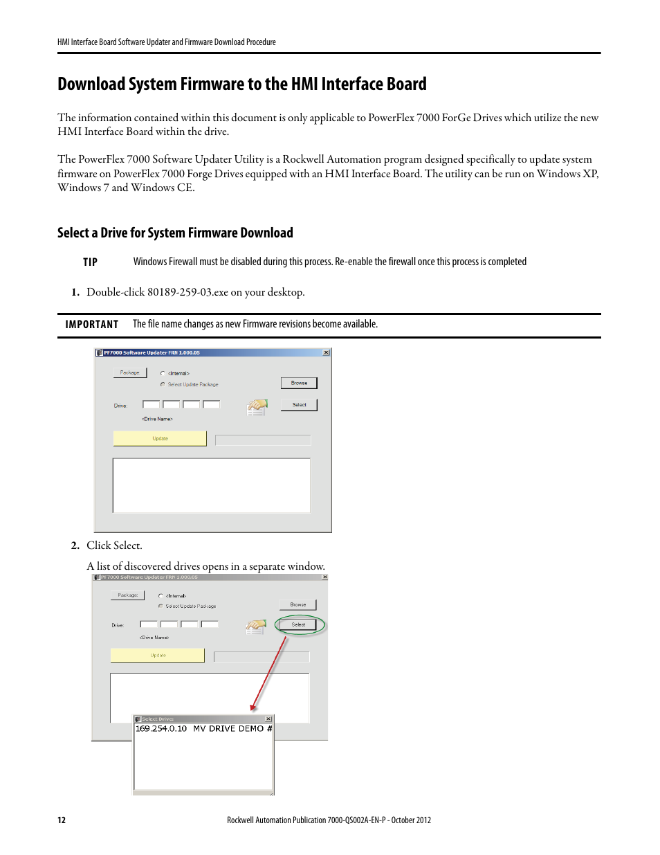 Select a drive for system firmware download | Rockwell Automation 7000 HMI Interface Board Software Updater and Firmware Download Procedure User Manual | Page 12 / 20