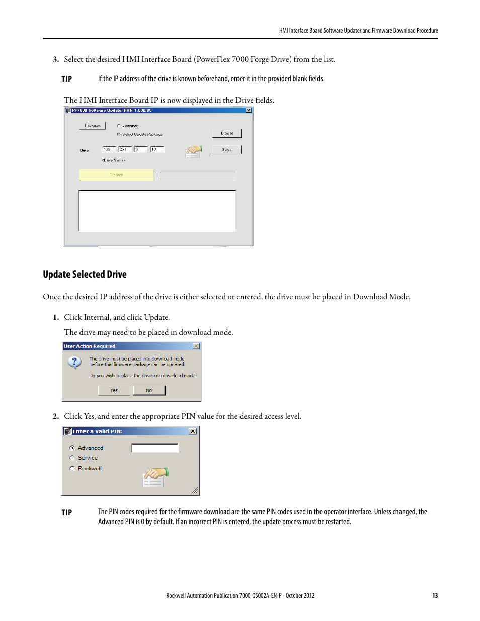 Update selected drive | Rockwell Automation 7000 HMI Interface Board Software Updater and Firmware Download Procedure User Manual | Page 13 / 20