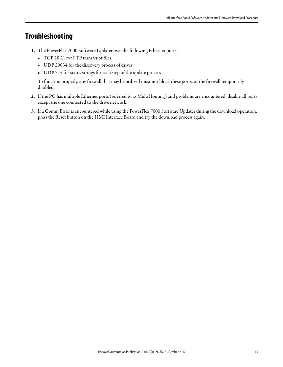 Troubleshooting | Rockwell Automation 7000 HMI Interface Board Software Updater and Firmware Download Procedure User Manual | Page 15 / 20