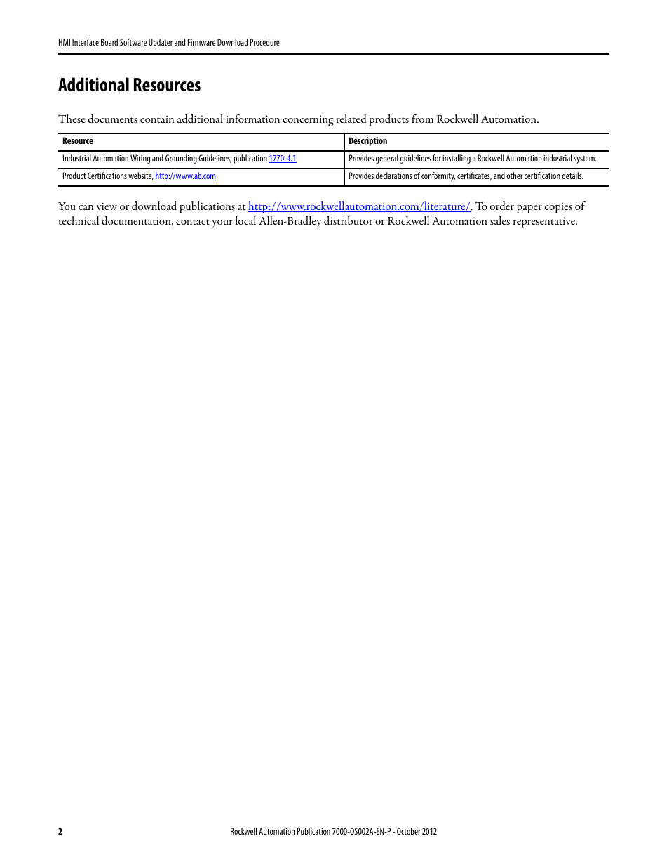 Additional resources | Rockwell Automation 7000 HMI Interface Board Software Updater and Firmware Download Procedure User Manual | Page 2 / 20