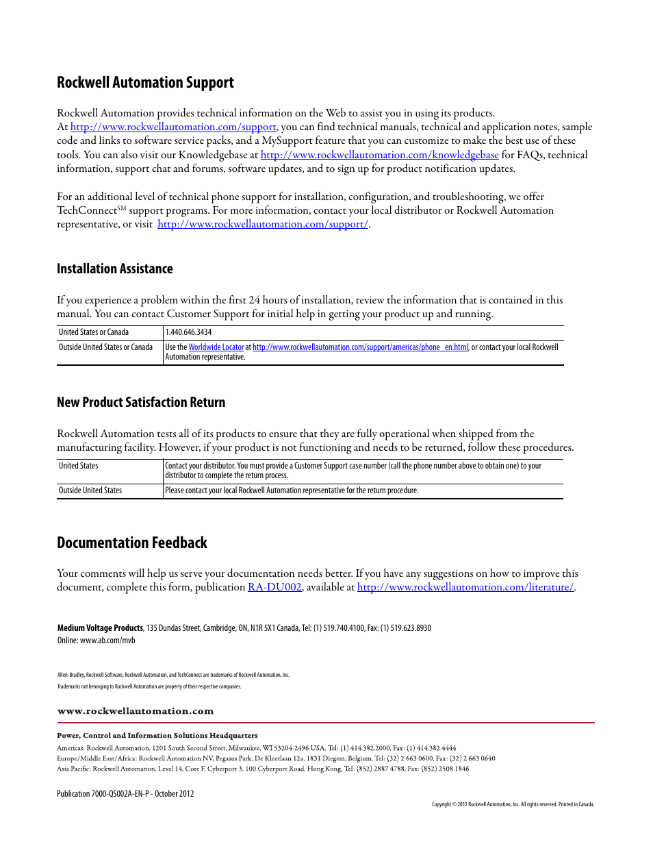Back cover, Rockwell automation support, Documentation feedback | Installation assistance, New product satisfaction return | Rockwell Automation 7000 HMI Interface Board Software Updater and Firmware Download Procedure User Manual | Page 20 / 20