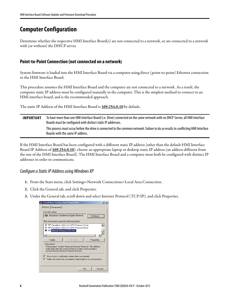 Computer configuration, Configure a static ip address using windows xp | Rockwell Automation 7000 HMI Interface Board Software Updater and Firmware Download Procedure User Manual | Page 6 / 20