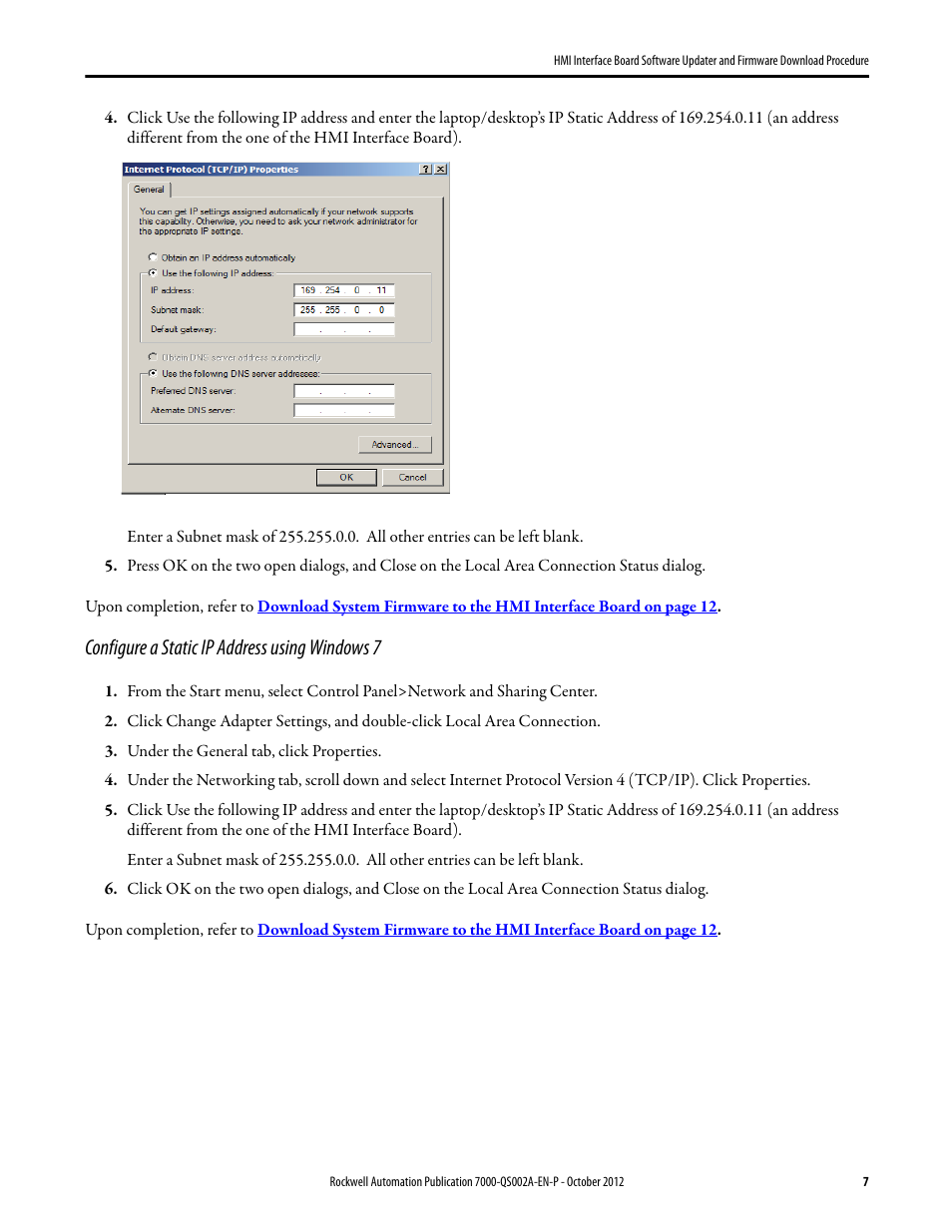 Configure a static ip address using windows 7 | Rockwell Automation 7000 HMI Interface Board Software Updater and Firmware Download Procedure User Manual | Page 7 / 20