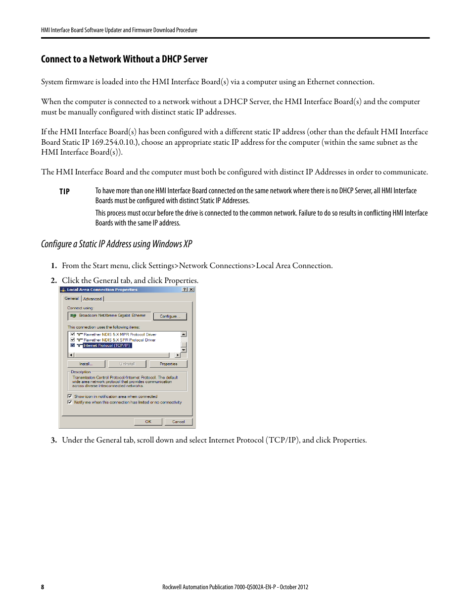 Connect to a network without a dhcp server, Configure a static ip address using windows xp | Rockwell Automation 7000 HMI Interface Board Software Updater and Firmware Download Procedure User Manual | Page 8 / 20
