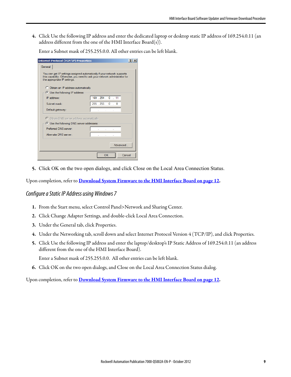 Configure a static ip address using windows 7 | Rockwell Automation 7000 HMI Interface Board Software Updater and Firmware Download Procedure User Manual | Page 9 / 20