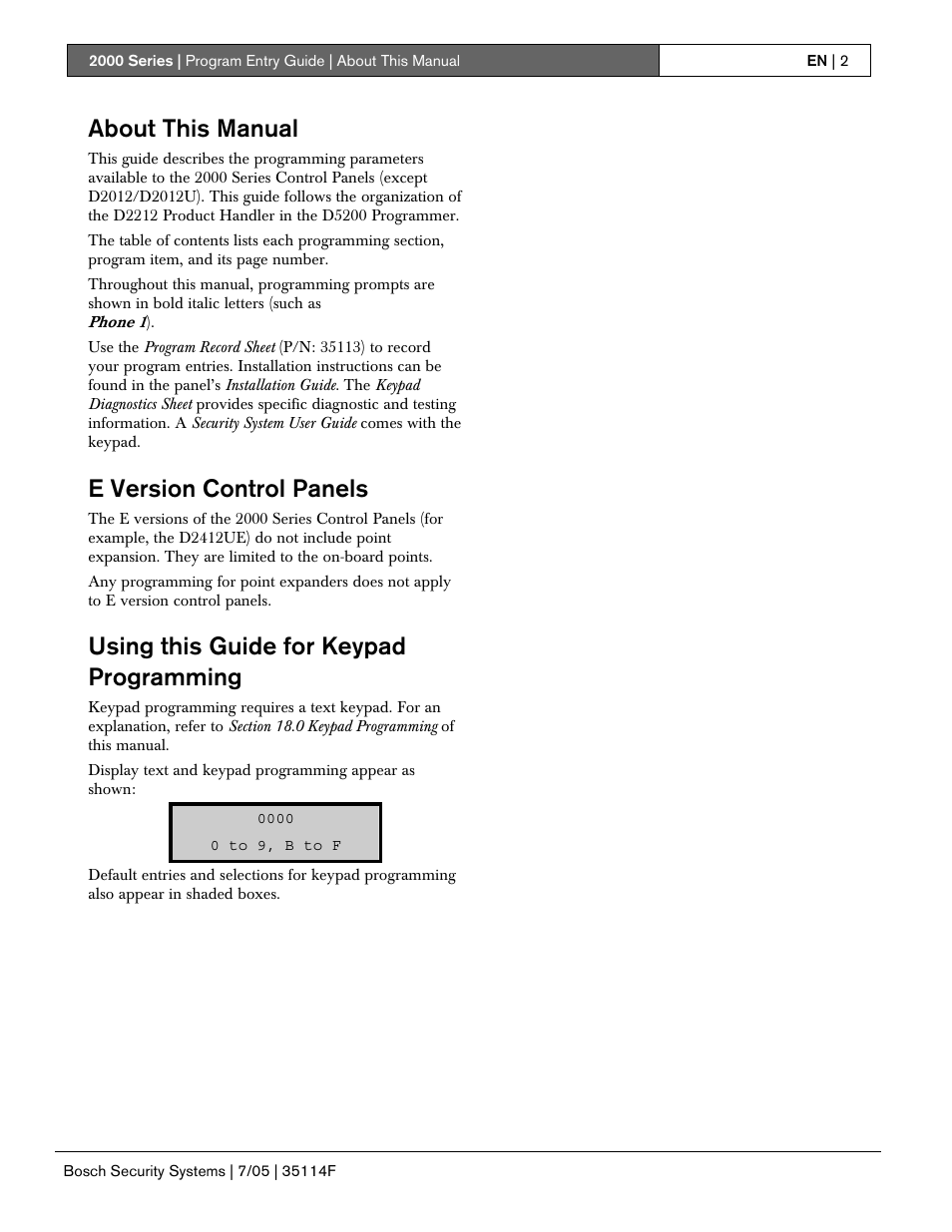 About this manual, E version control panels, Using this guide for keypad programming | Bosch 2000 User Manual | Page 2 / 72
