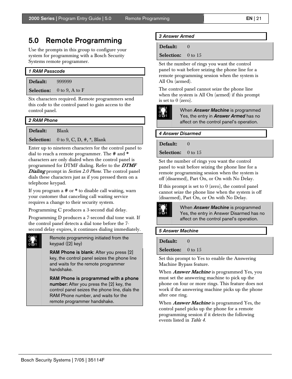 0 remote programming | Bosch 2000 User Manual | Page 21 / 72