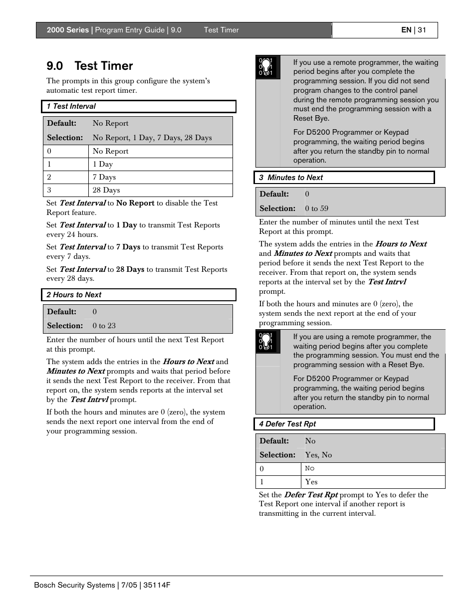 0 test timer | Bosch 2000 User Manual | Page 31 / 72