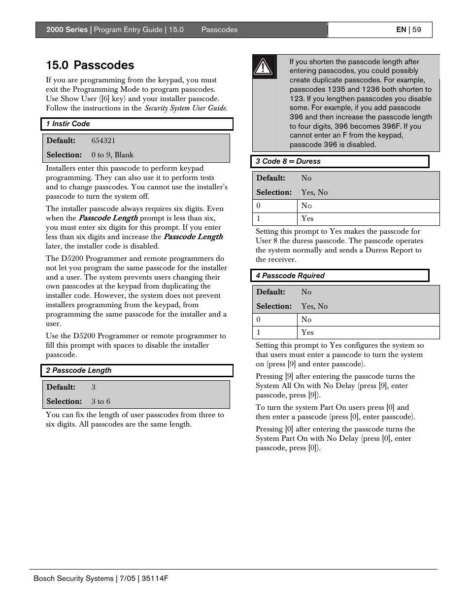 0 passcodes | Bosch 2000 User Manual | Page 59 / 72