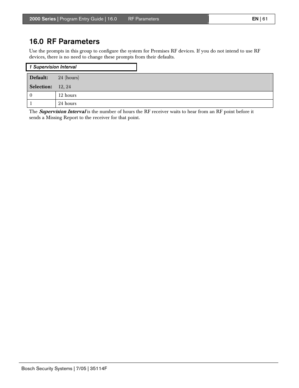 0 rf parameters | Bosch 2000 User Manual | Page 61 / 72