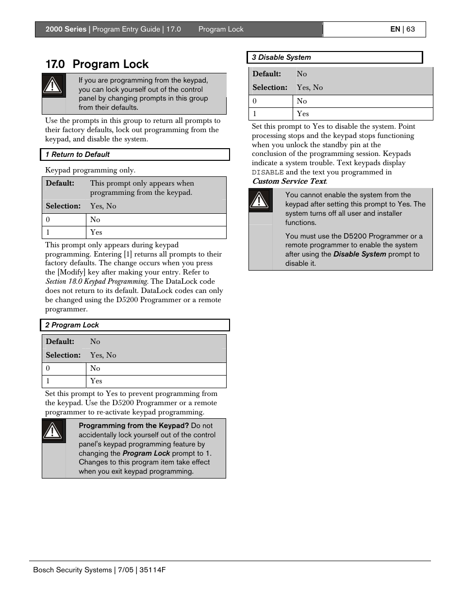 0 program lock | Bosch 2000 User Manual | Page 63 / 72