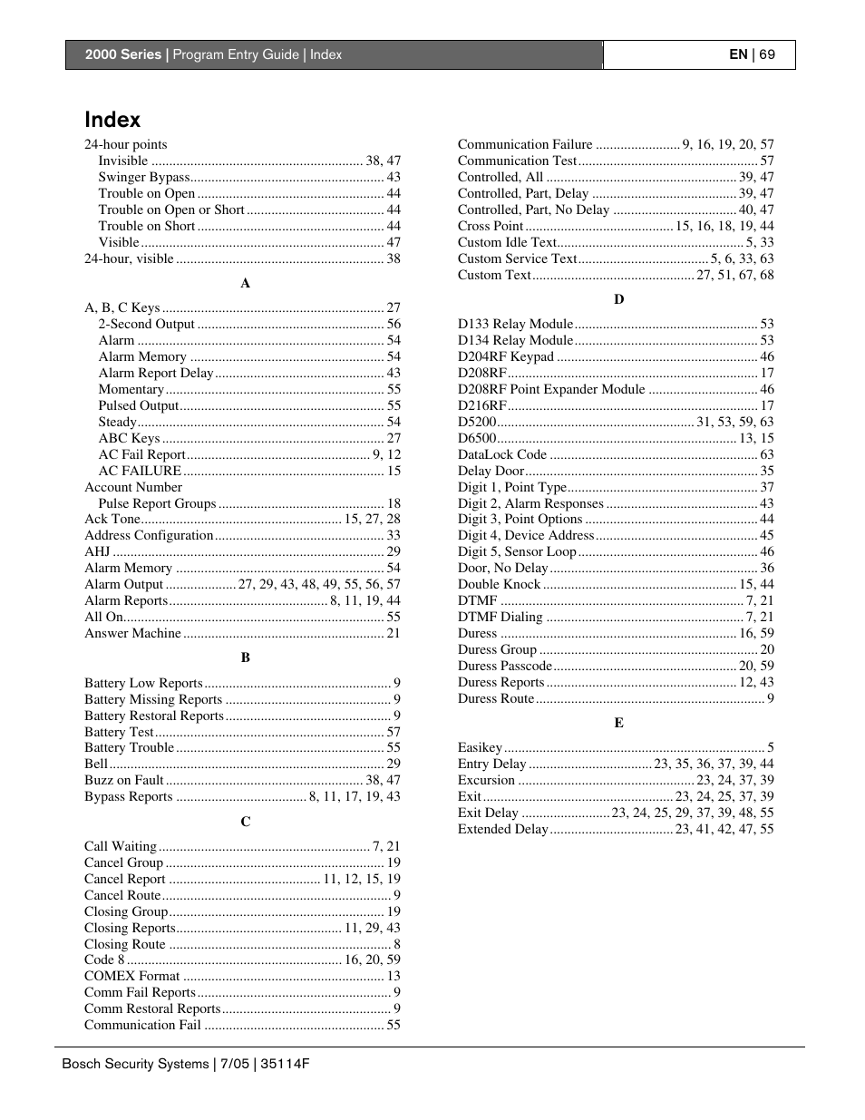 Index | Bosch 2000 User Manual | Page 69 / 72