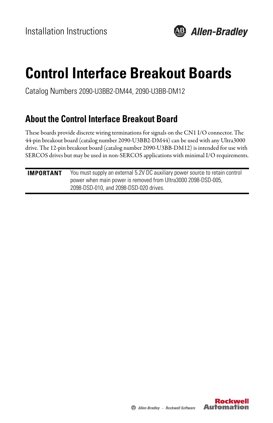 Rockwell Automation 2090-U3BB-DM12 CN1 Control Interface Breakout Boards Installation Instructions User Manual | 4 pages