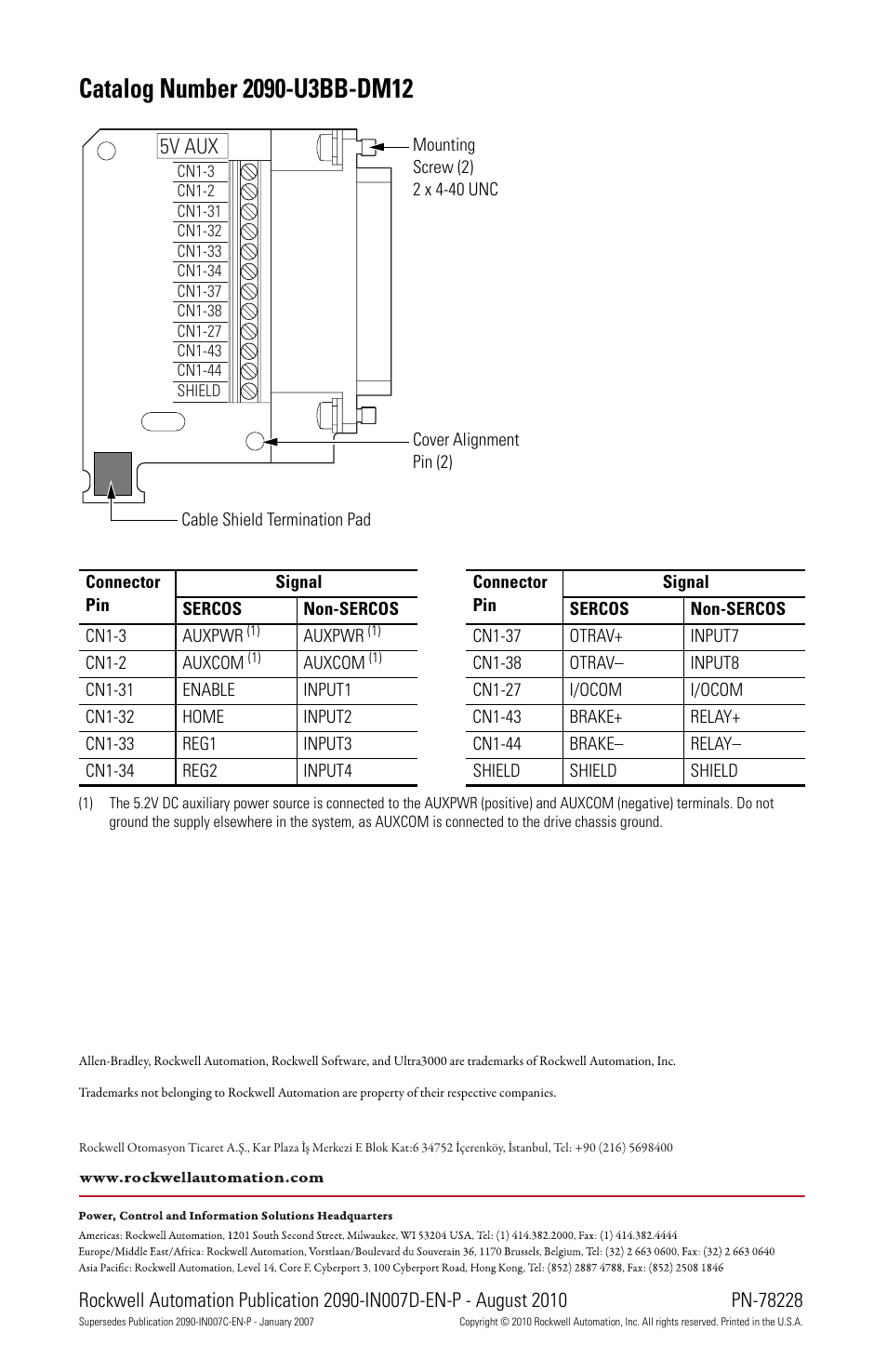 5v aux | Rockwell Automation 2090-U3BB-DM12 CN1 Control Interface Breakout Boards Installation Instructions User Manual | Page 4 / 4