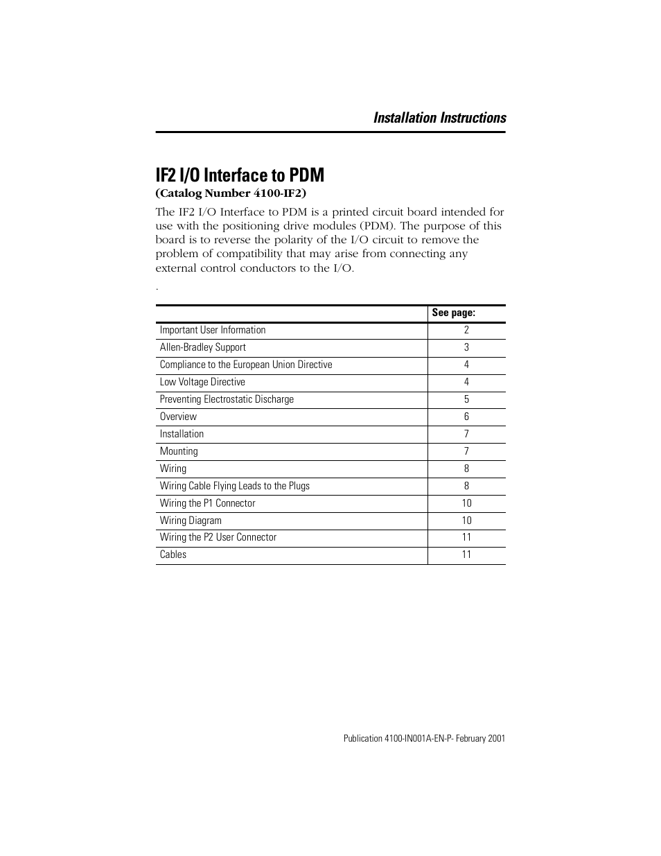 Rockwell Automation 4100-IF2 IF2 I/O Interface to PDM Installation Instructions User Manual | 12 pages