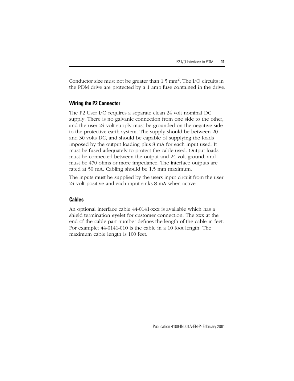 Wiring the p2 connector, Cables | Rockwell Automation 4100-IF2 IF2 I/O Interface to PDM Installation Instructions User Manual | Page 11 / 12