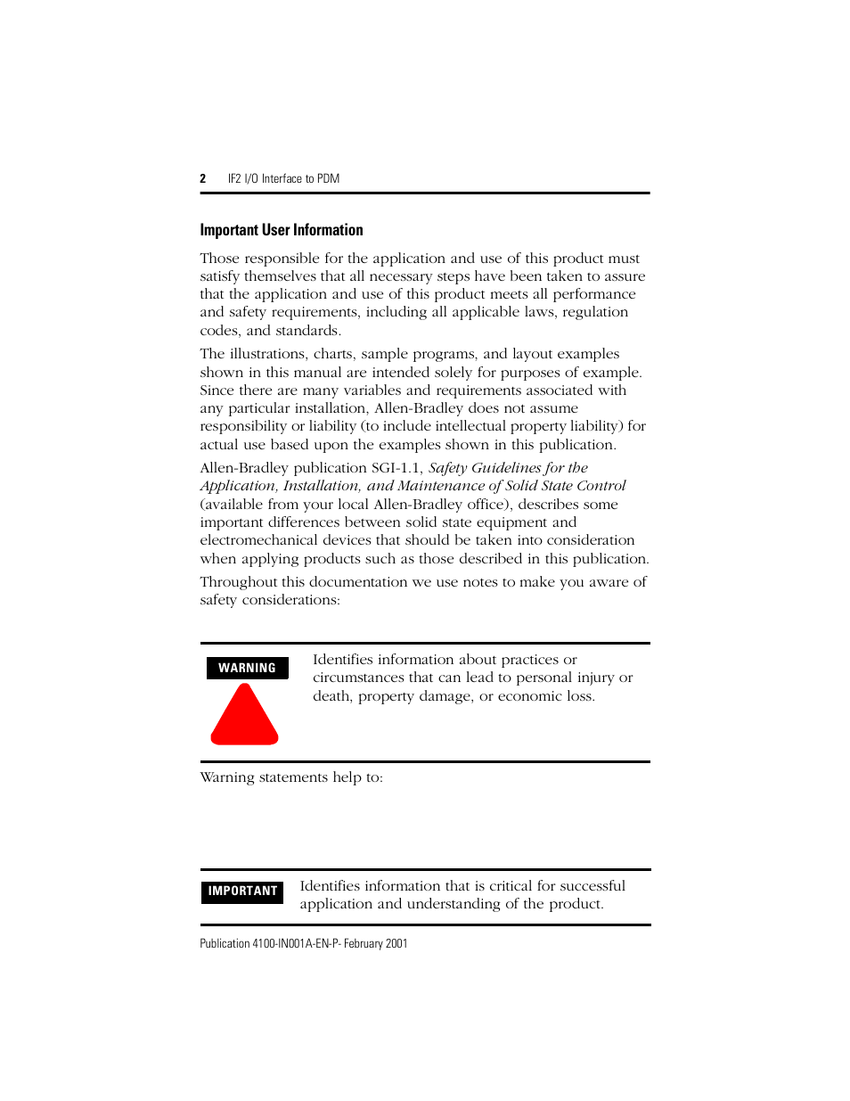 Important user information | Rockwell Automation 4100-IF2 IF2 I/O Interface to PDM Installation Instructions User Manual | Page 2 / 12