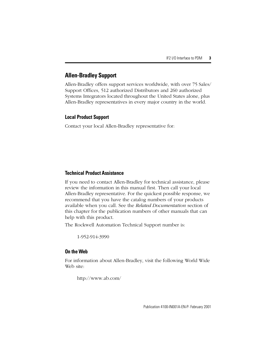 Allen-bradley support, Local product support, Technical product assistance | On the web | Rockwell Automation 4100-IF2 IF2 I/O Interface to PDM Installation Instructions User Manual | Page 3 / 12