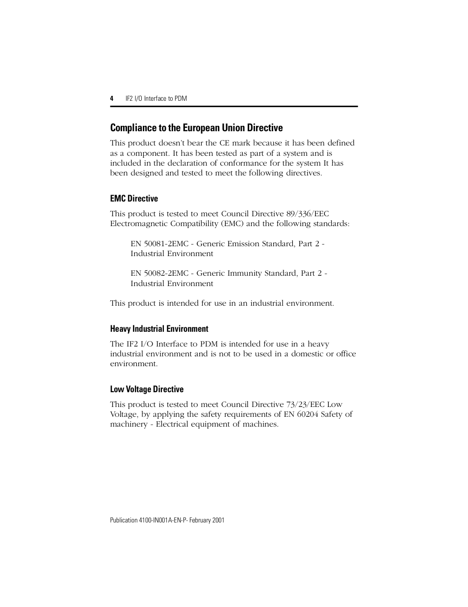 Compliance to the european union directive, Emc directive, Heavy industrial environment | Low voltage directive | Rockwell Automation 4100-IF2 IF2 I/O Interface to PDM Installation Instructions User Manual | Page 4 / 12