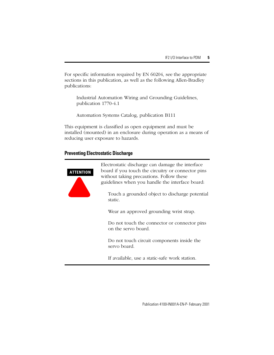 Preventing electrostatic discharge | Rockwell Automation 4100-IF2 IF2 I/O Interface to PDM Installation Instructions User Manual | Page 5 / 12