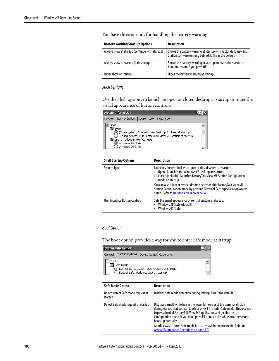 Shell options, Boot option | Rockwell Automation 2711P-xxxx PanelView Plus 6 Terminals User Manual User Manual | Page 100 / 186