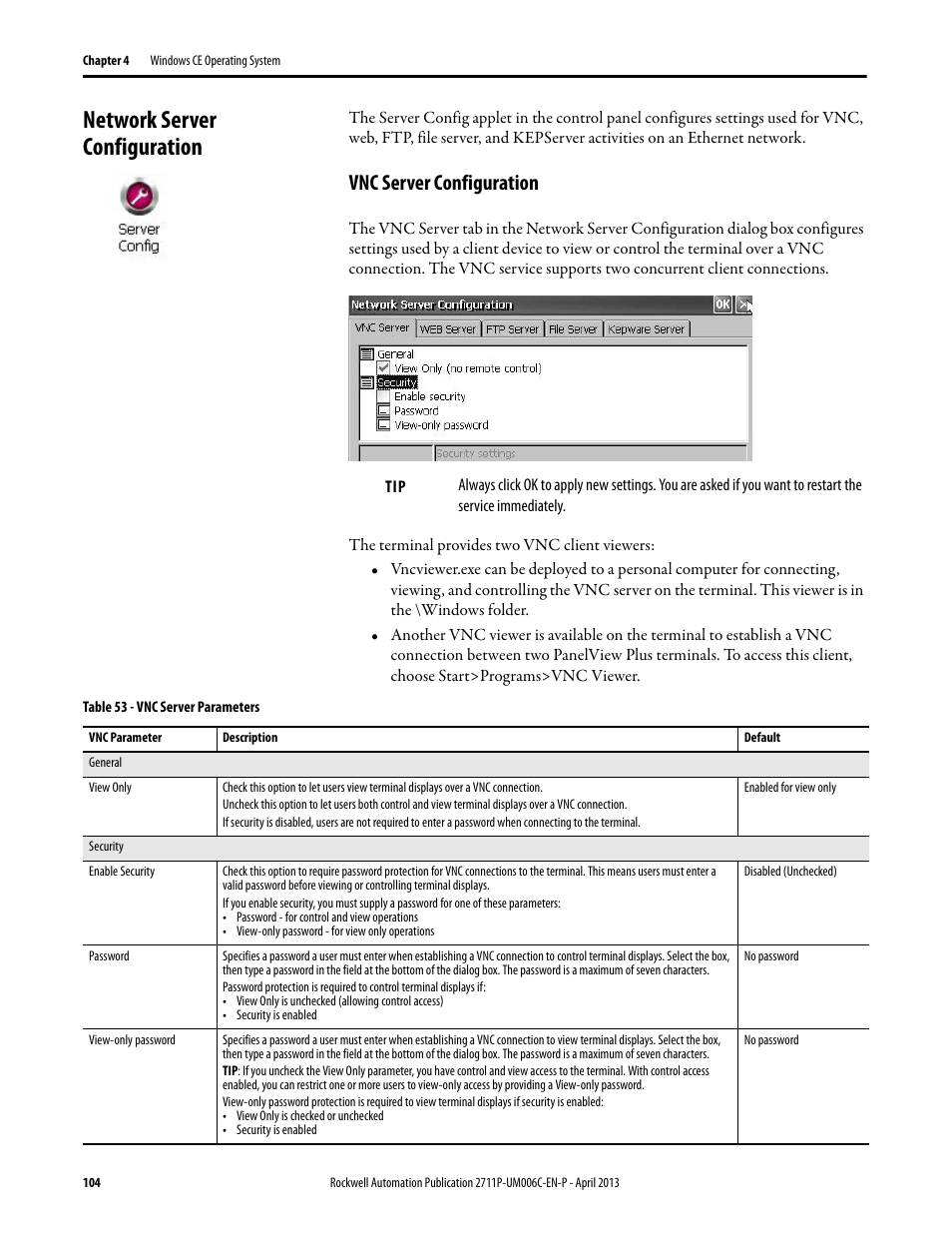 Network server configuration, Vnc server configuration | Rockwell Automation 2711P-xxxx PanelView Plus 6 Terminals User Manual User Manual | Page 104 / 186