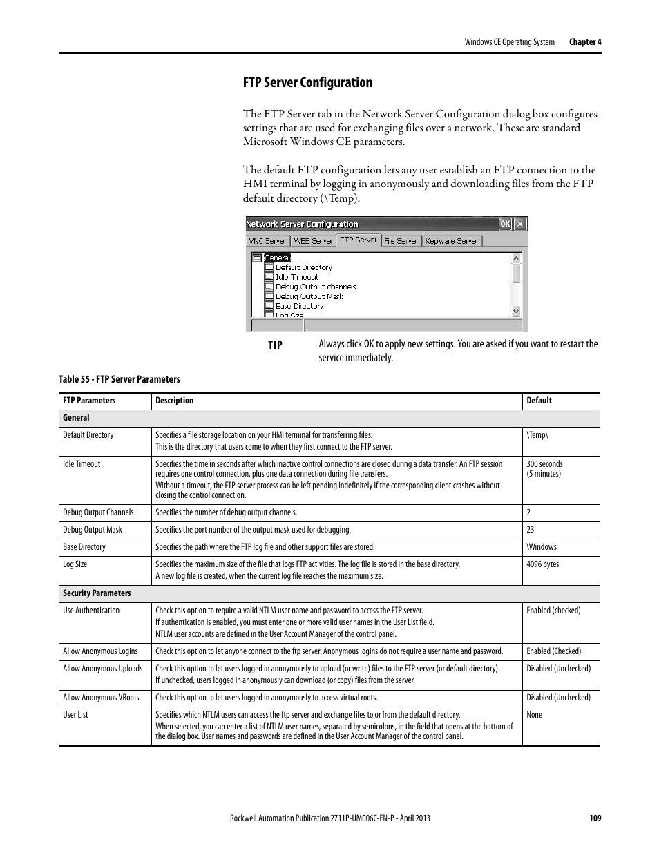 Ftp server configuration | Rockwell Automation 2711P-xxxx PanelView Plus 6 Terminals User Manual User Manual | Page 109 / 186