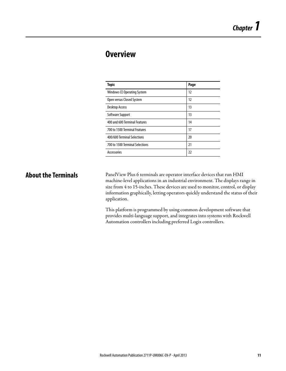 1 - overview, About the terminals, Chapter 1 | Overview, Chapter | Rockwell Automation 2711P-xxxx PanelView Plus 6 Terminals User Manual User Manual | Page 11 / 186