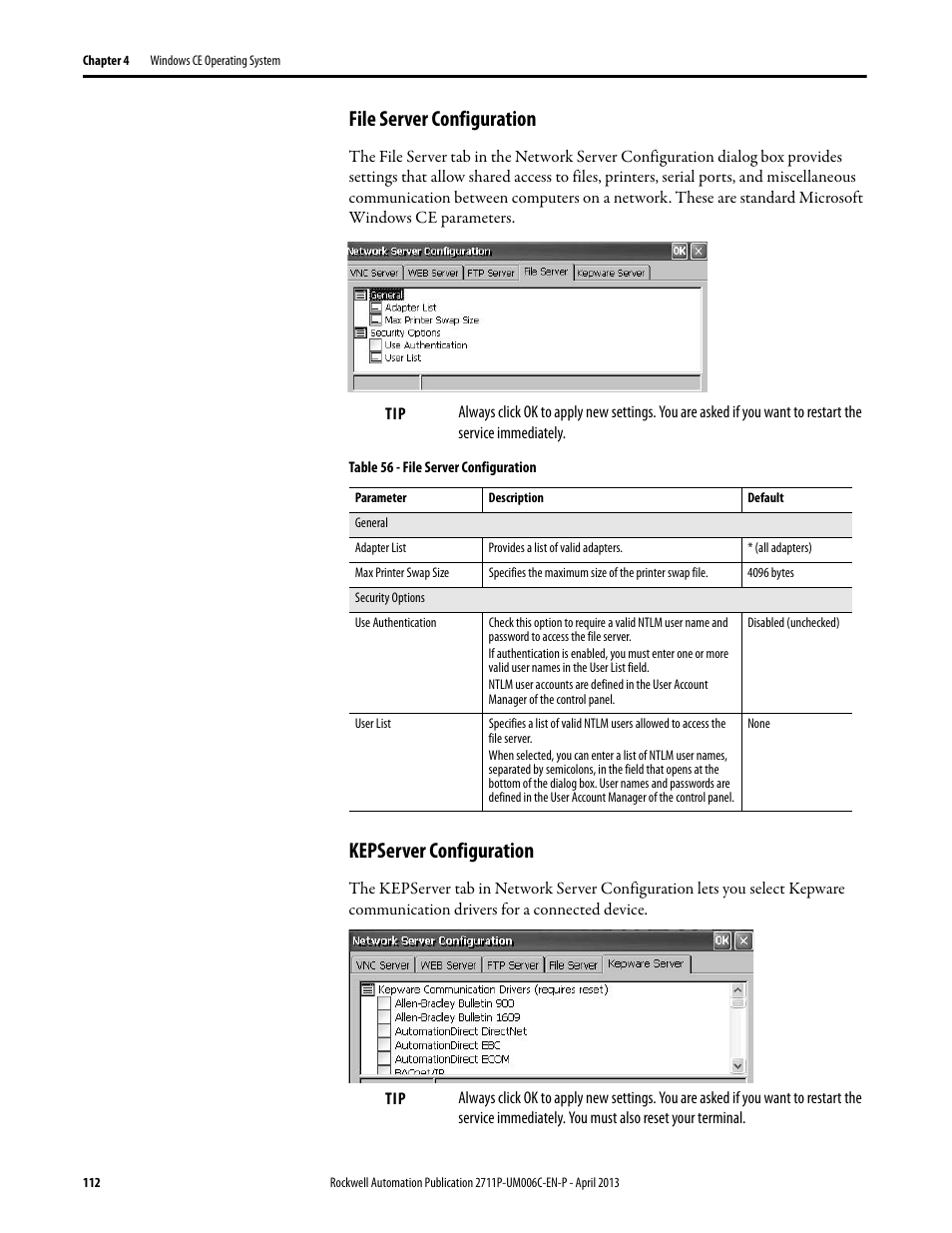 File server configuration, Kepserver configuration | Rockwell Automation 2711P-xxxx PanelView Plus 6 Terminals User Manual User Manual | Page 112 / 186