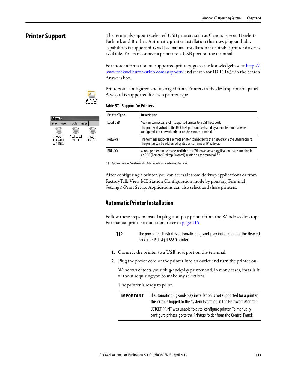 Printer support, Automatic printer installation | Rockwell Automation 2711P-xxxx PanelView Plus 6 Terminals User Manual User Manual | Page 113 / 186