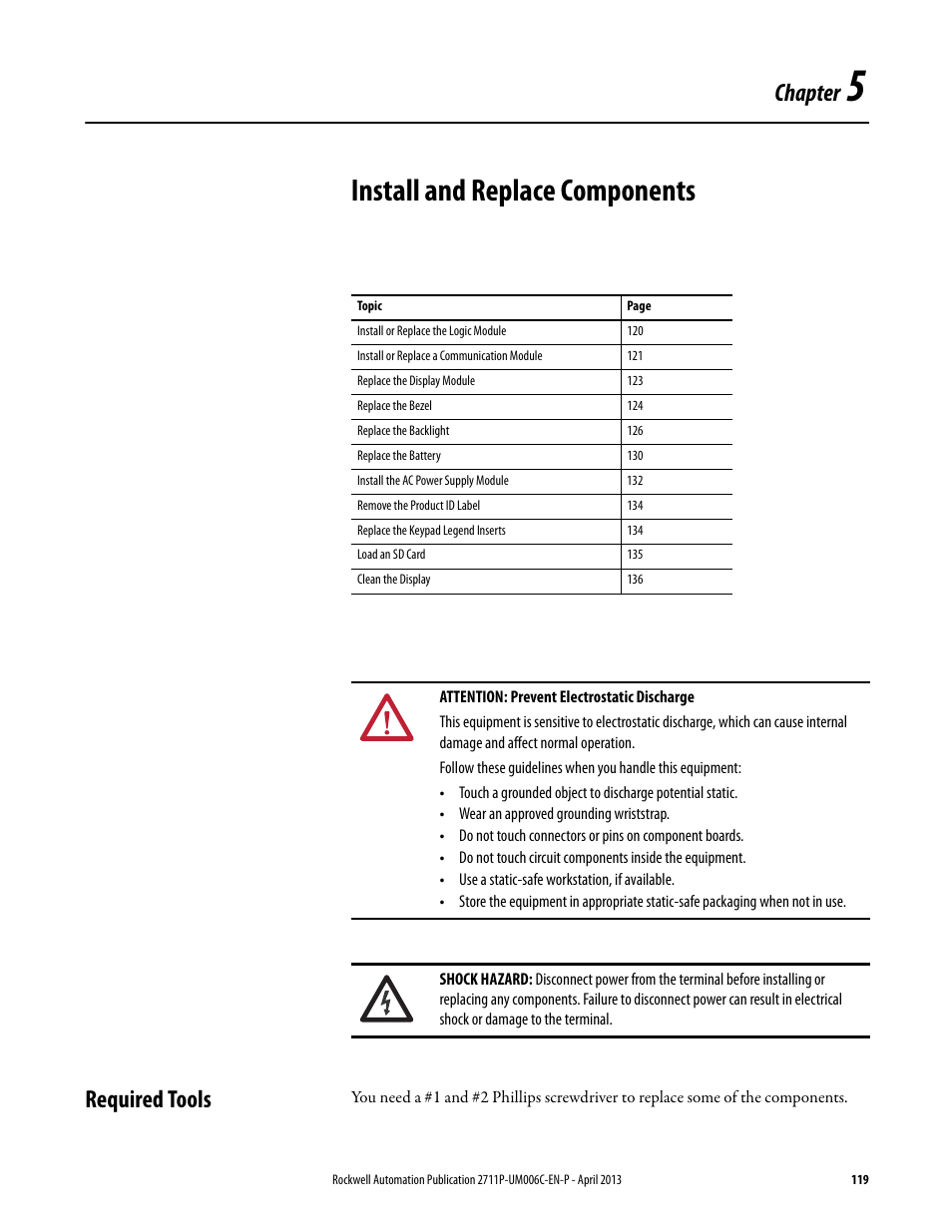 5 - install and replace components, Required tools, Chapter 5 | Install and replace components, Chapter | Rockwell Automation 2711P-xxxx PanelView Plus 6 Terminals User Manual User Manual | Page 119 / 186