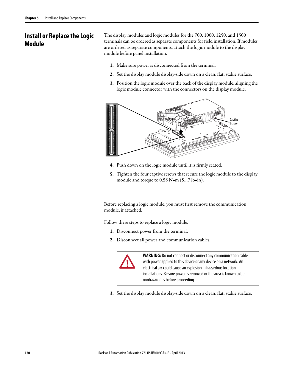 Install or replace the logic module | Rockwell Automation 2711P-xxxx PanelView Plus 6 Terminals User Manual User Manual | Page 120 / 186