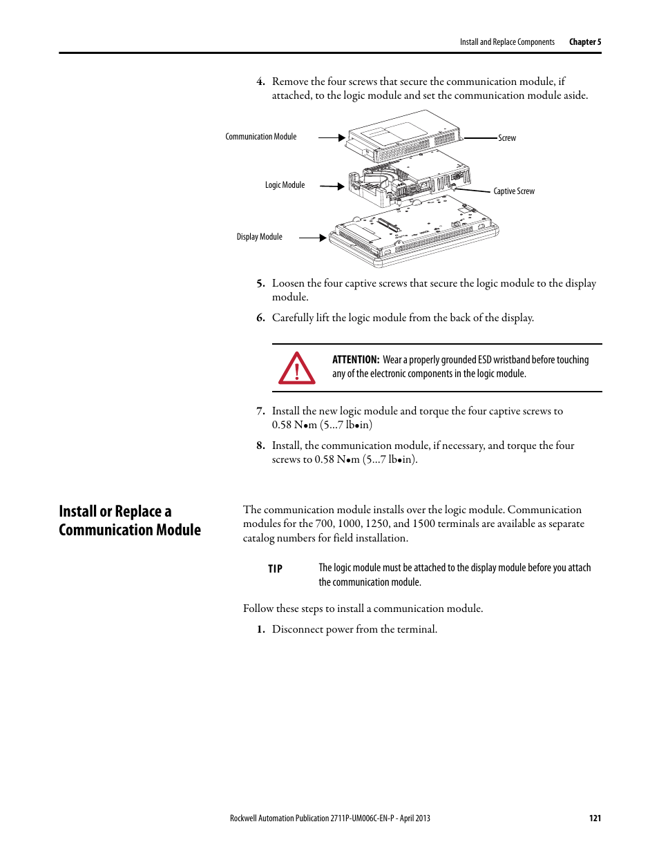 Install or replace a communication module | Rockwell Automation 2711P-xxxx PanelView Plus 6 Terminals User Manual User Manual | Page 121 / 186