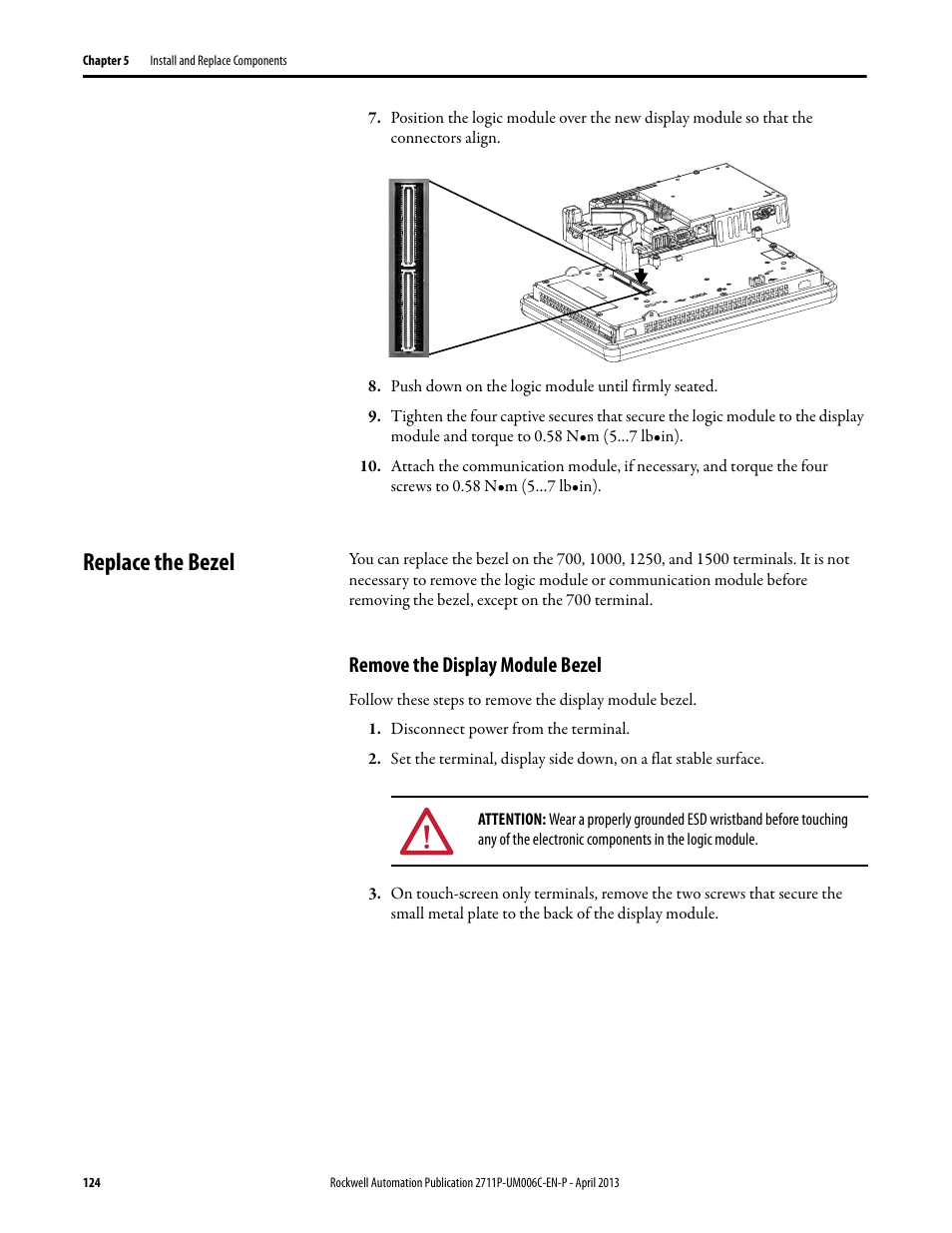 Replace the bezel, Remove the display module bezel | Rockwell Automation 2711P-xxxx PanelView Plus 6 Terminals User Manual User Manual | Page 124 / 186