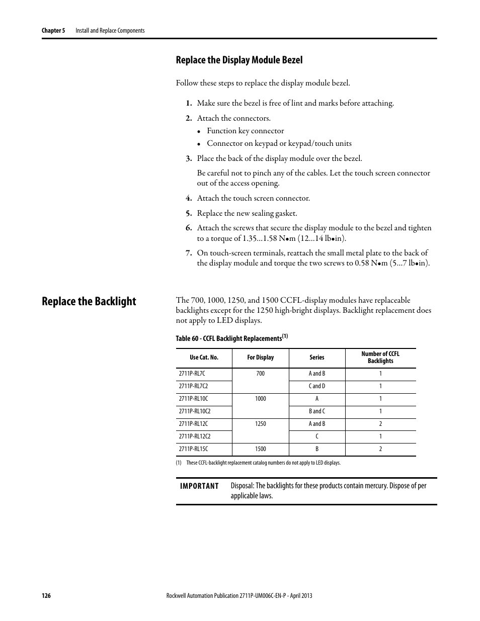 Replace the display module bezel, Replace the backlight | Rockwell Automation 2711P-xxxx PanelView Plus 6 Terminals User Manual User Manual | Page 126 / 186