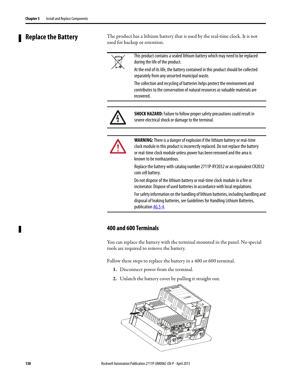 Replace the battery, 400 and 600 terminals | Rockwell Automation 2711P-xxxx PanelView Plus 6 Terminals User Manual User Manual | Page 130 / 186