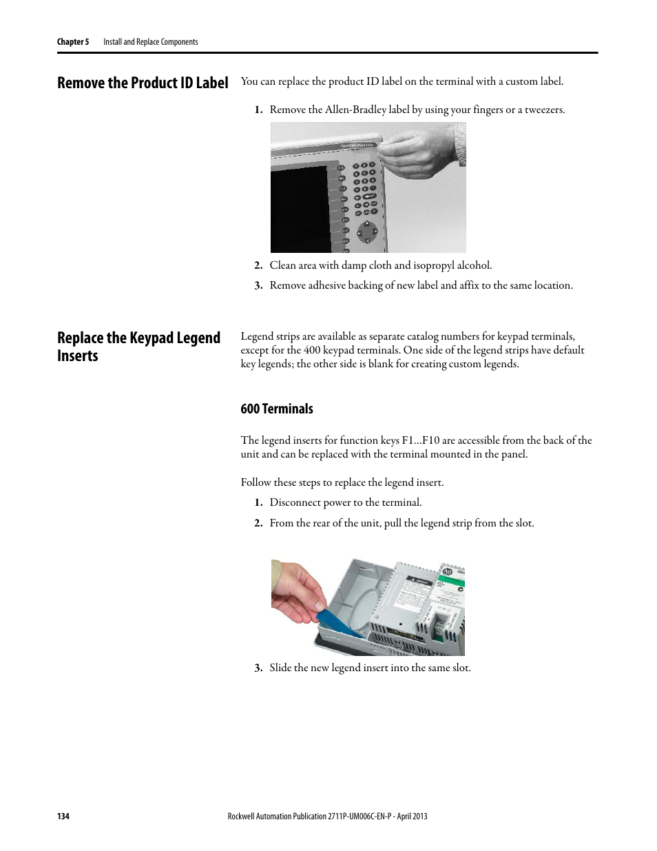 Remove the product id label, Replace the keypad legend inserts, 600 terminals | Rockwell Automation 2711P-xxxx PanelView Plus 6 Terminals User Manual User Manual | Page 134 / 186