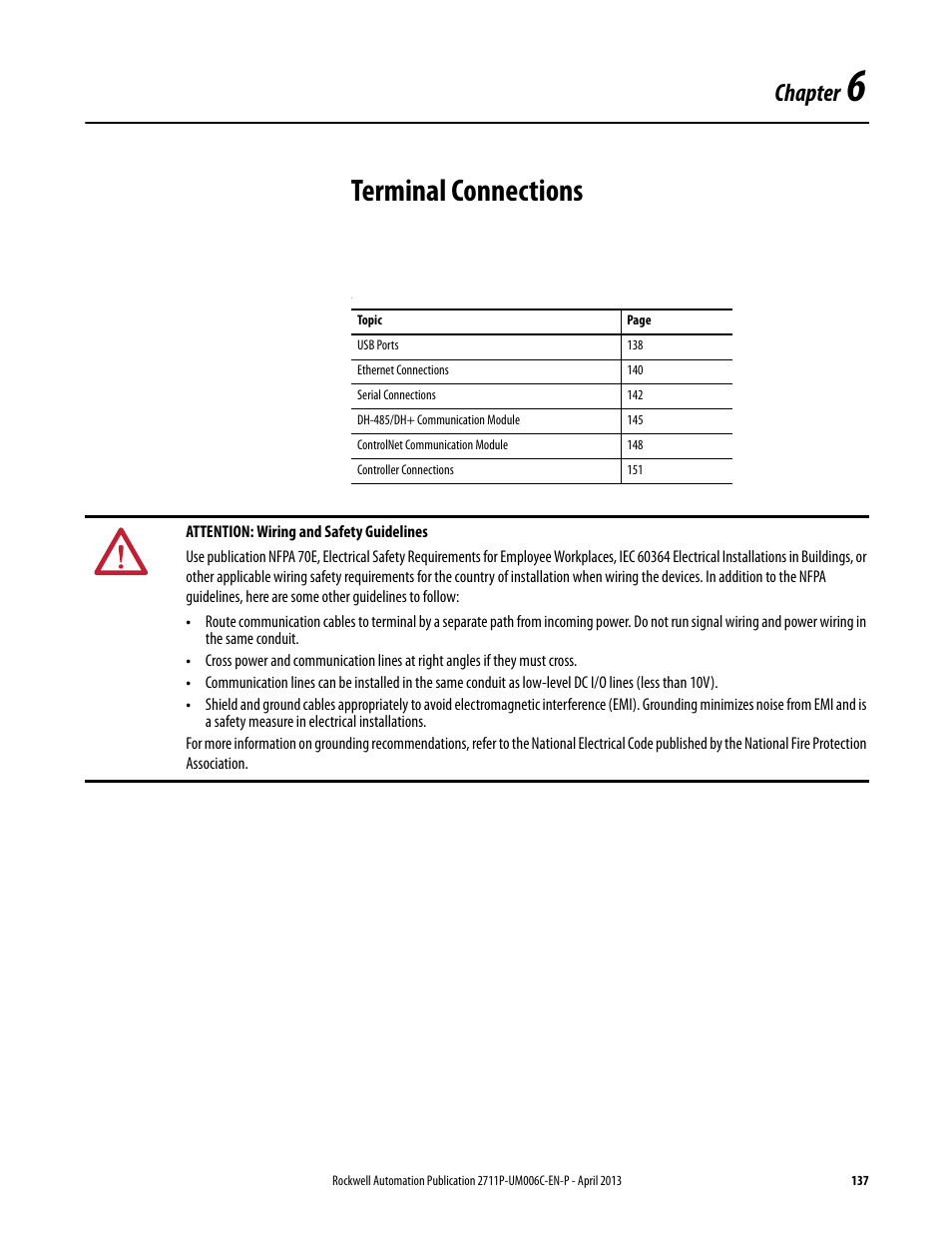 6 - terminal connections, Chapter 6, Terminal connections | Chapter | Rockwell Automation 2711P-xxxx PanelView Plus 6 Terminals User Manual User Manual | Page 137 / 186