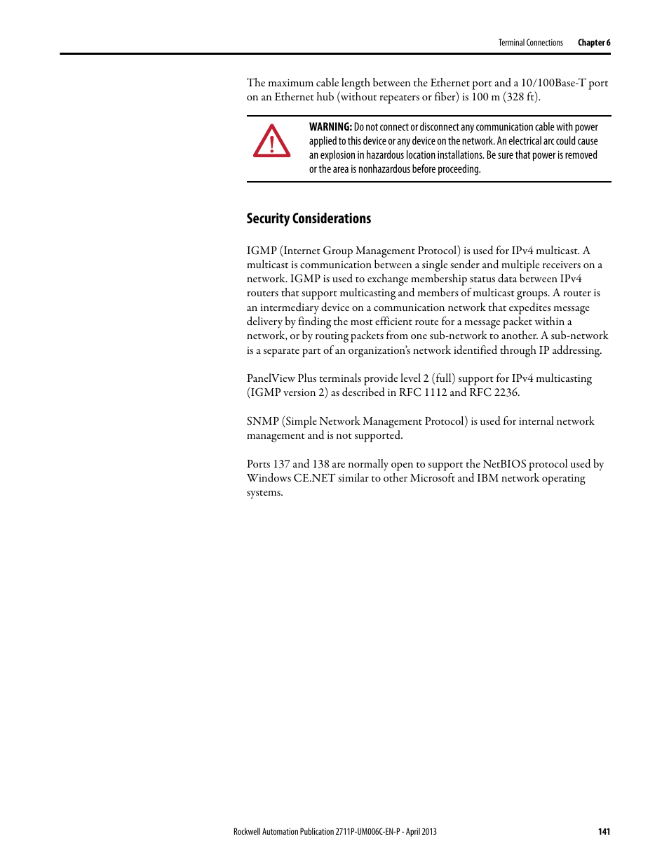 Security considerations | Rockwell Automation 2711P-xxxx PanelView Plus 6 Terminals User Manual User Manual | Page 141 / 186