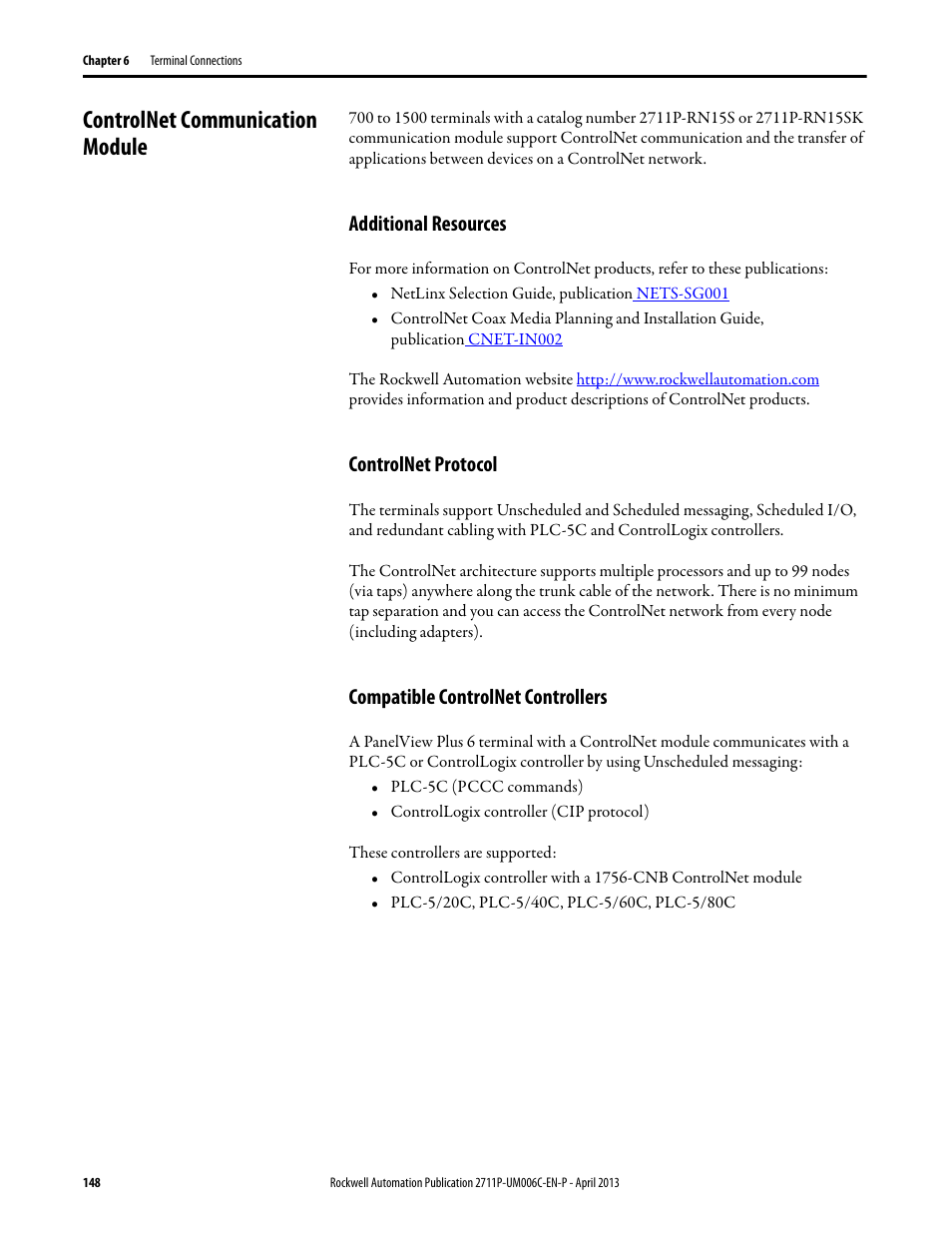 Controlnet communication module, Additional resources, Controlnet protocol | Compatible controlnet controllers | Rockwell Automation 2711P-xxxx PanelView Plus 6 Terminals User Manual User Manual | Page 148 / 186